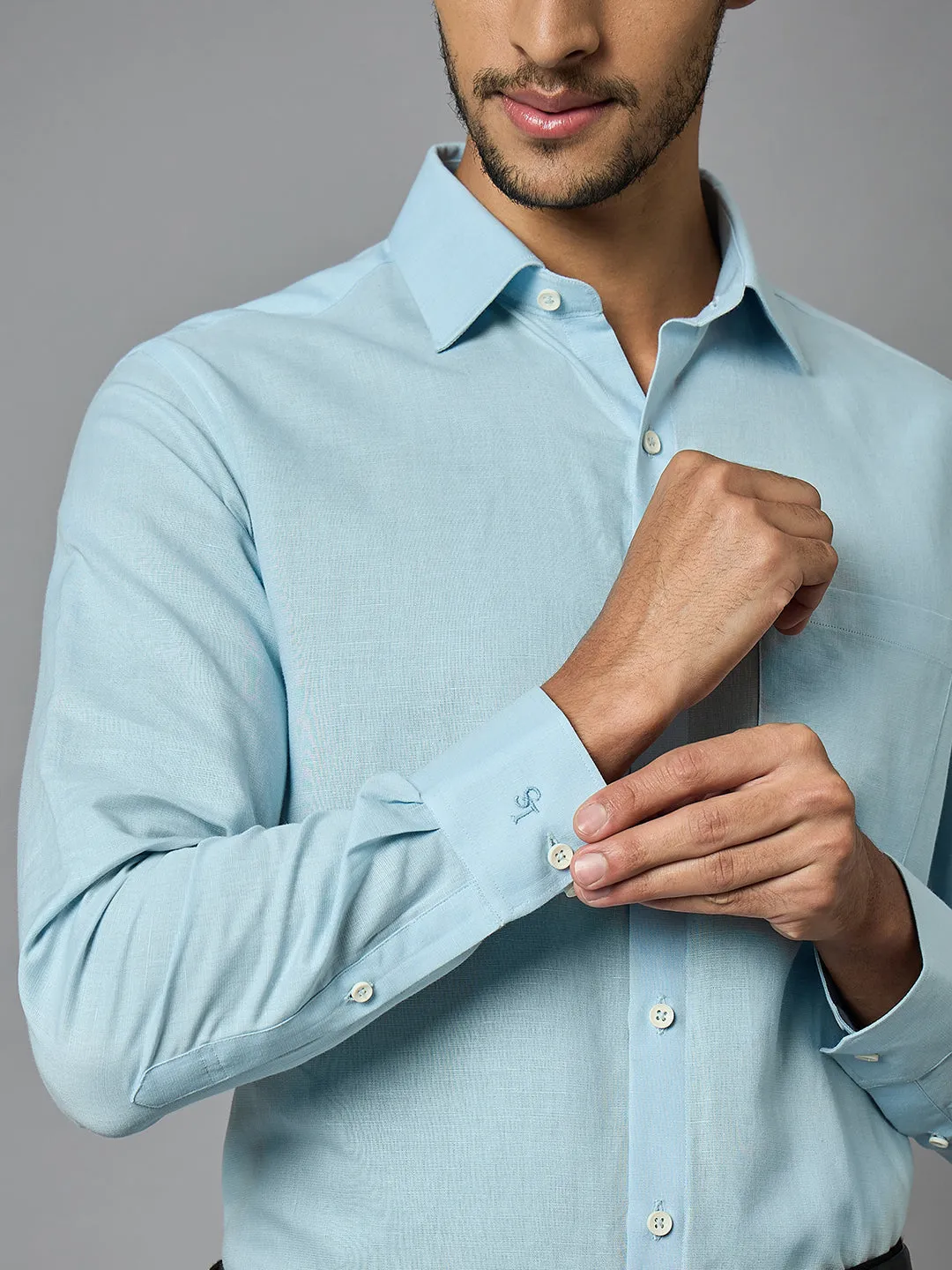 Men's Blue Cotton Linen Full Sleeves Regular Fit Formal Shirt